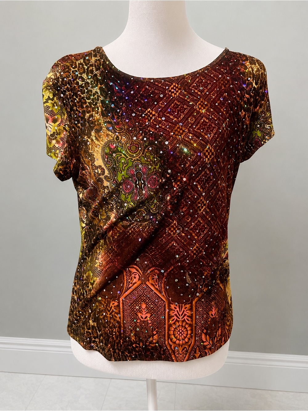Brittany Black Brown Paisley & Geo Short-Sleeve Top with Sequin Detail